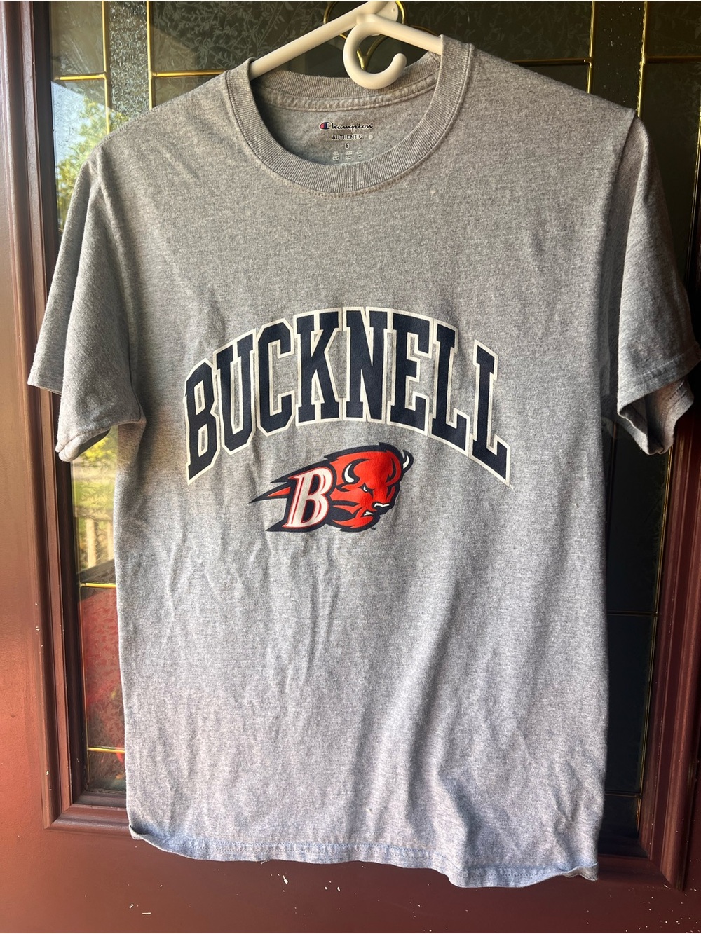 Champion Gray Crewneck Tee with Navy & Red Logo